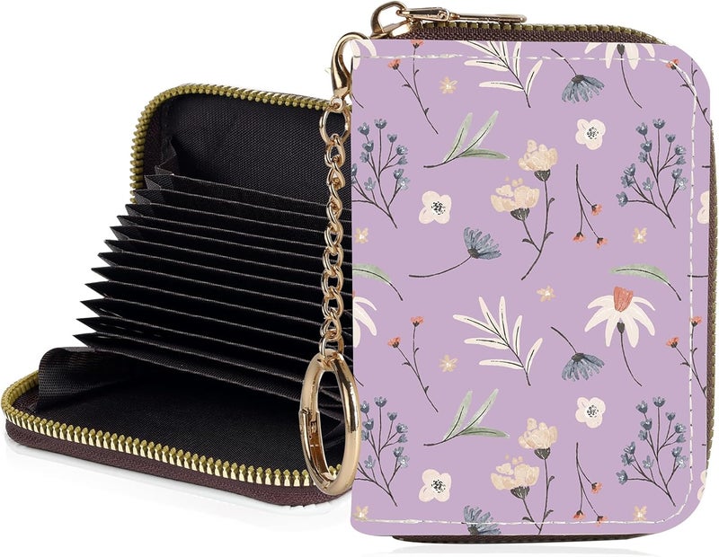 Luoycxy Credit Card Holder for Women,Small Rfid Wallet with Keychain Zipper,Cute PU Leather Card Case Wallet，Accordion Credit Card Wallets Gift,Leaves and Floral Patterns - Image 1